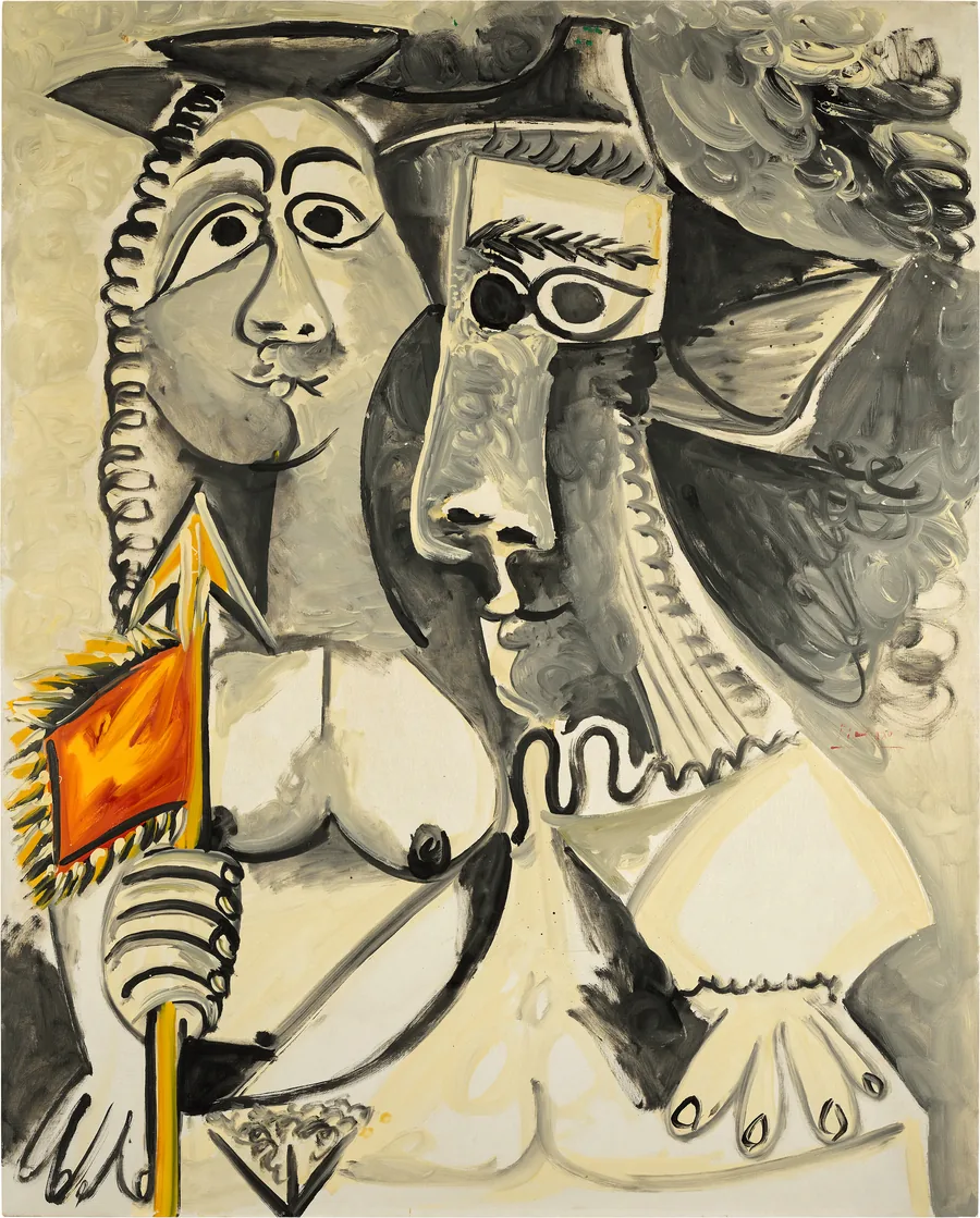 Sotheby's: Pablo Picasso, Femme nue et homme au fanion, 1969, una mujer desnuda con un banderín rojo y amarillo junto a un mosquetero