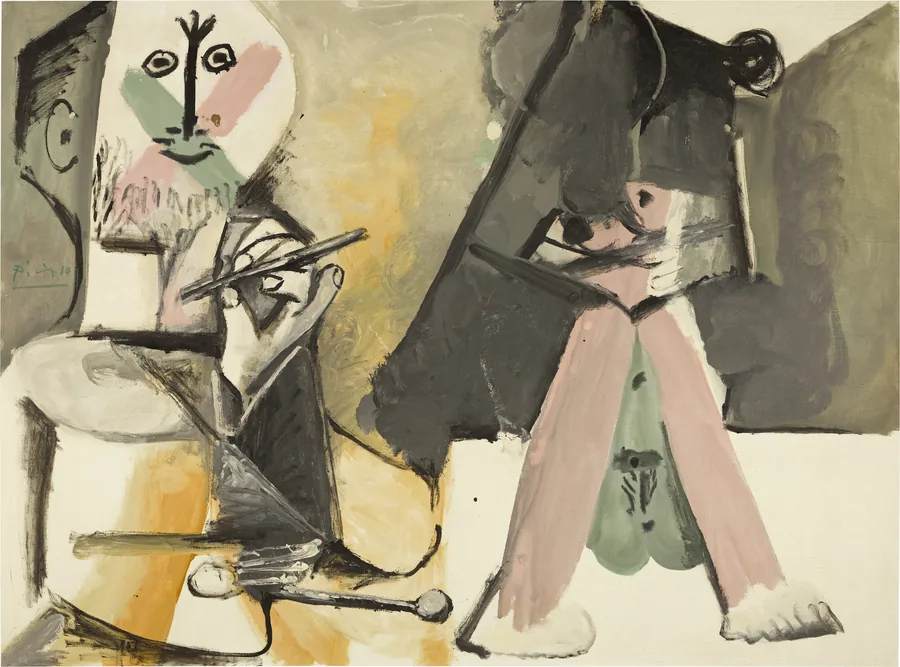 Sotheby's: Pablo Picasso, Le Peintre et son modèle, 1964, un pintor barbudo ante el caballete y una modelo desnuda recostada