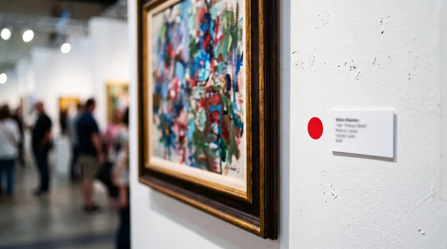 Un punto rojo junto a la cartela de una obra en una feria de arte