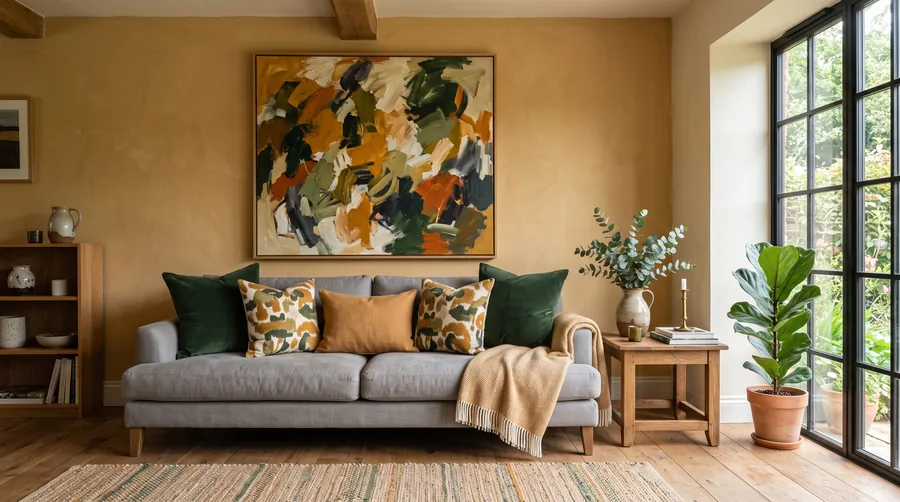 Un interior cuyos colores repiten el ocre y el verde de una gran pintura