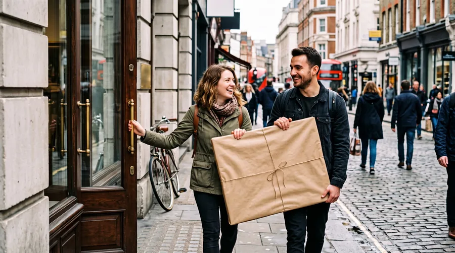 Una pareja saliendo de una galería con un cuadro envuelto