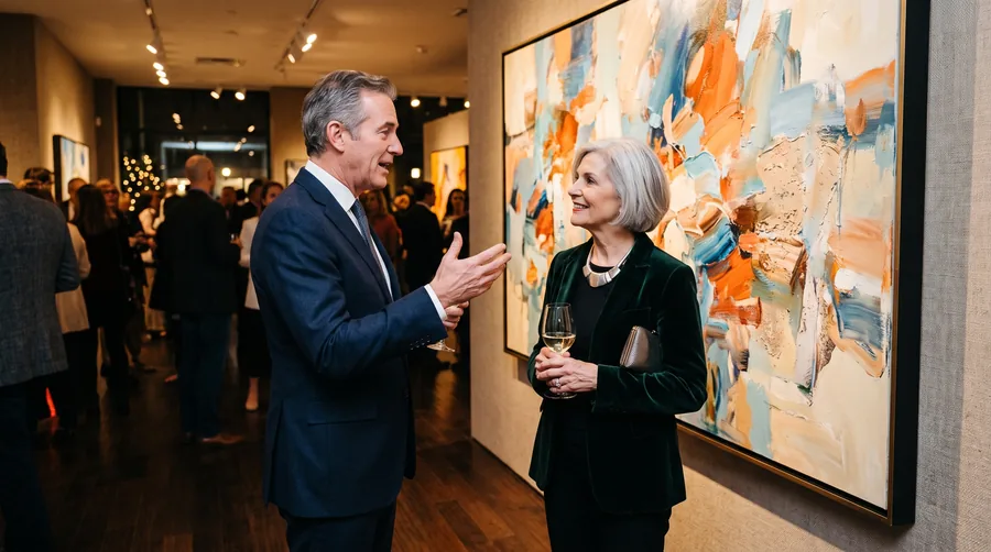 Una galerista y un coleccionista ante una gran pintura en una inauguración