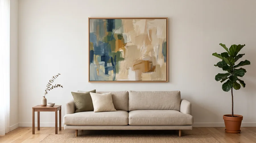 Una gran pintura centrada sobre un sofá bajo