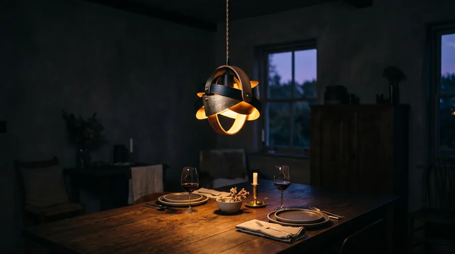 Una lámpara colgante escultórica brillando sobre una mesa oscura al anochecer