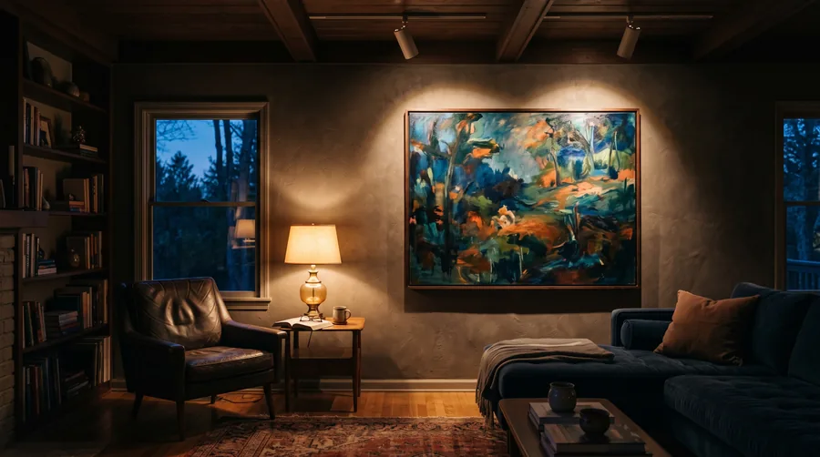 Dos focos bañando una gran pintura en un salón en penumbra al anochecer