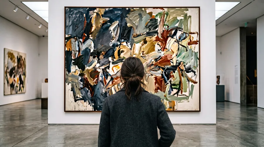 Una visitante muy cerca de una gran pintura abstracta y gestual