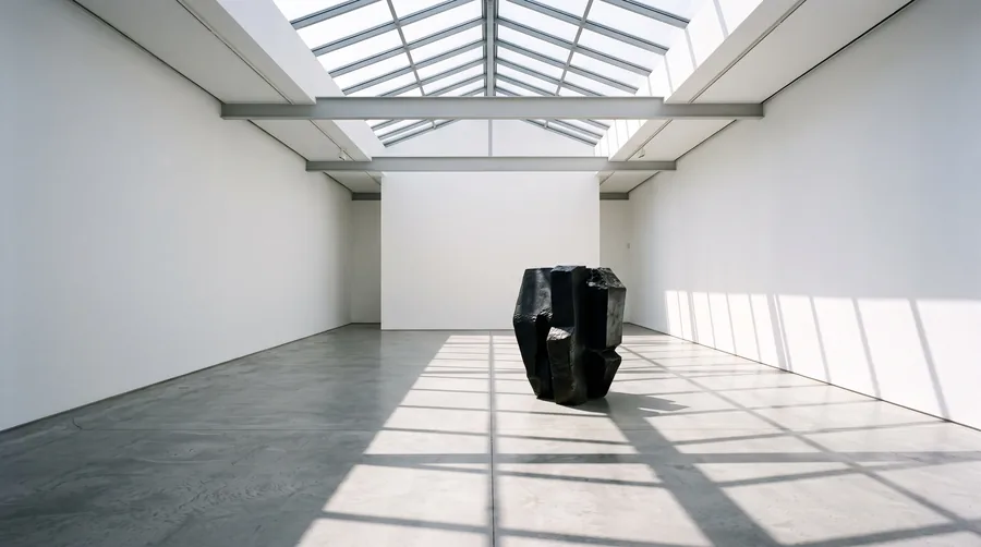 Una galería de cubo blanco con una sola escultura negra en el suelo